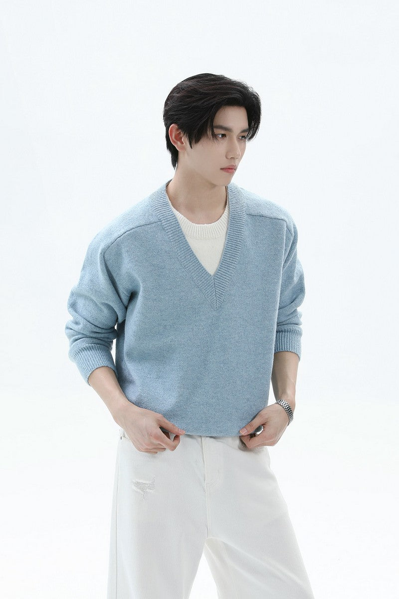 Layered Look V-Neck Wool Sweater