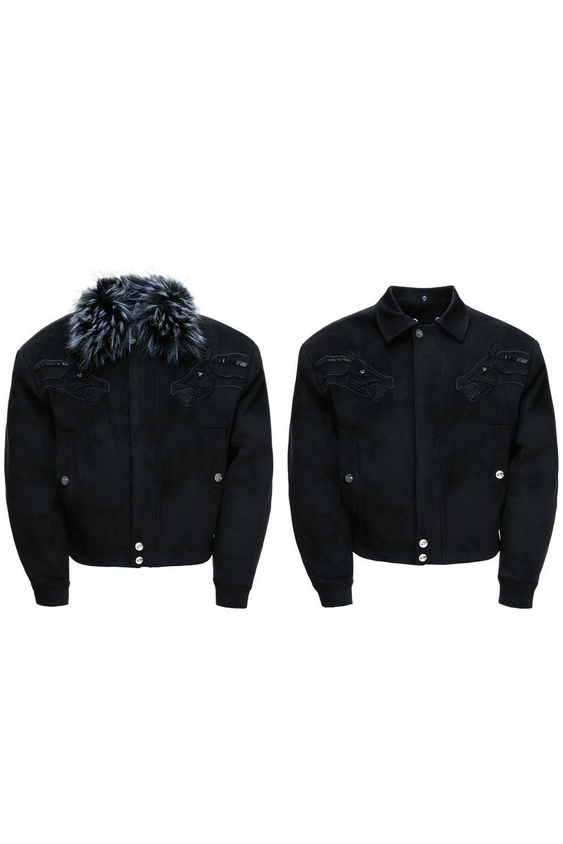 Suede Fur Collar Embellished Jacket