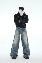 Ruched Wide-Leg Washed Denim Jeans