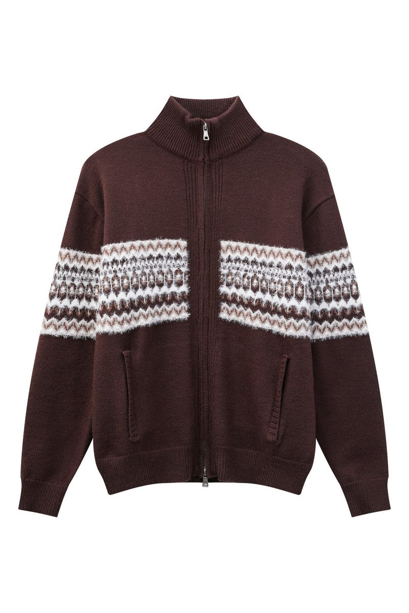Heavyweight Fair Isle Knit Zip Cardigan