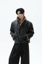 Faux Leather Fur Collar Puffer