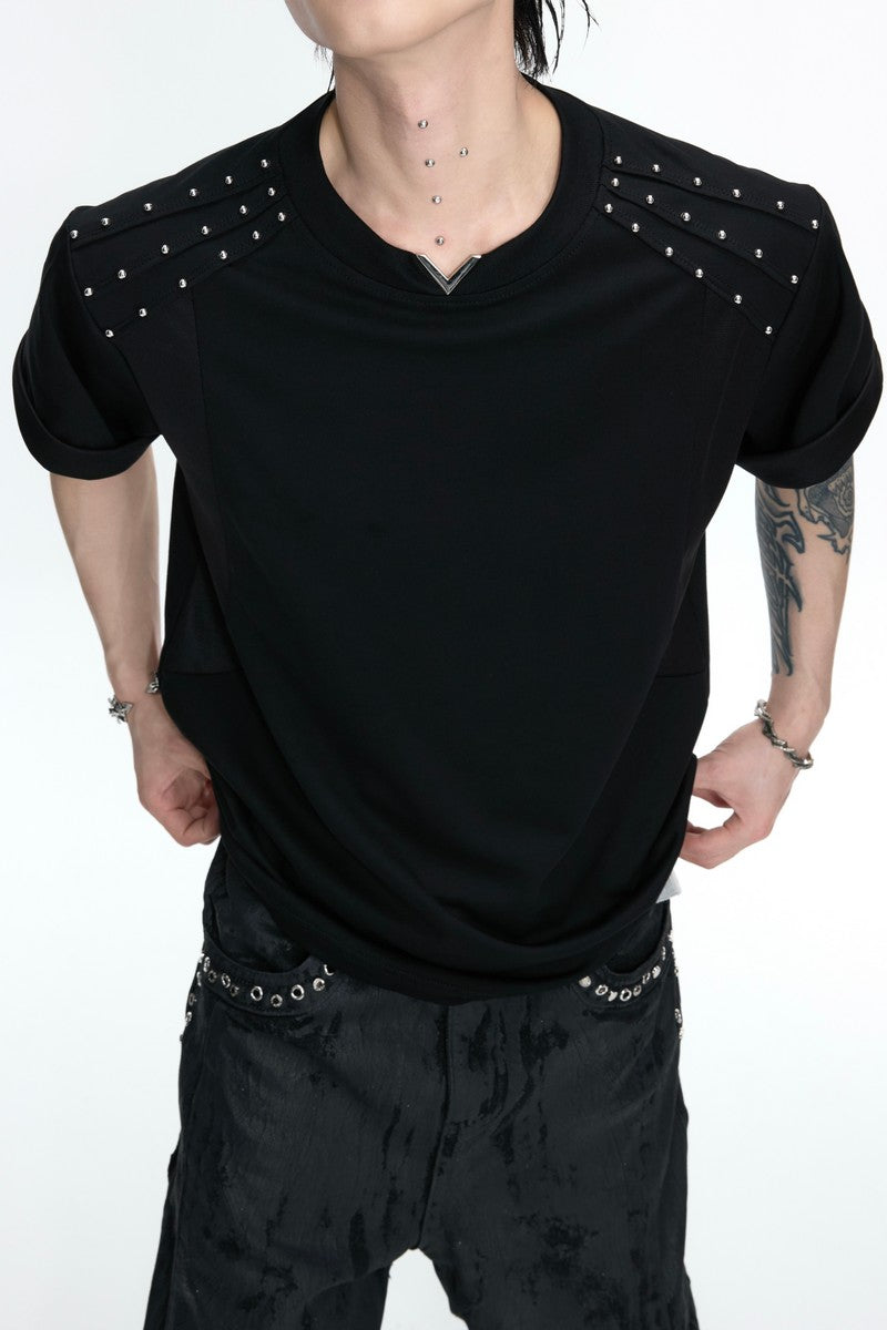 Pleated Studded V-Neck T-Shirt