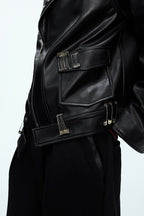 Pin Detail Geisha Print Leather Jacket