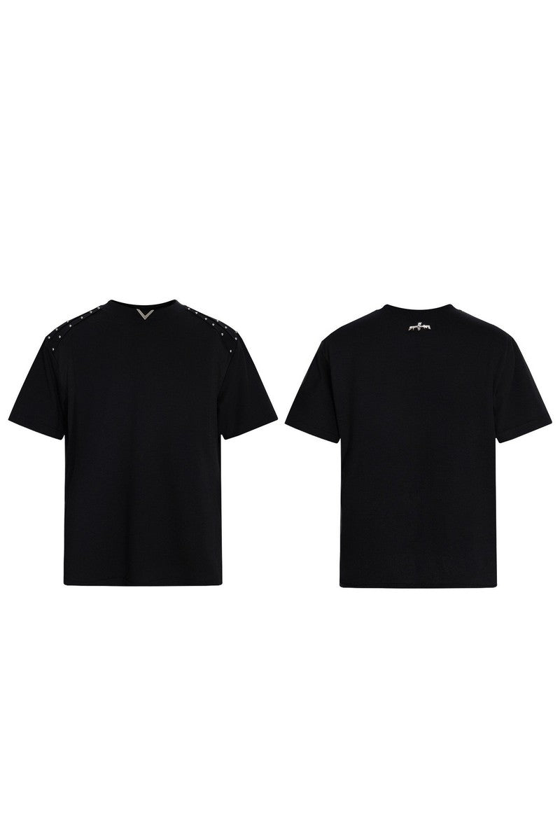 Pleated Studded V-Neck T-Shirt