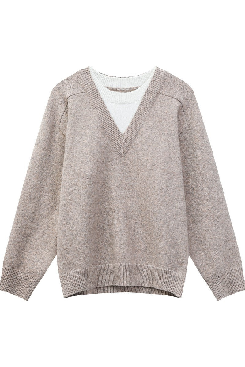 Layered Look V-Neck Wool Sweater