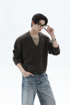 Layered Look V-Neck Wool Sweater