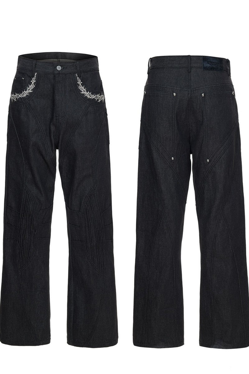 Embroidered Flared Raw Jeans