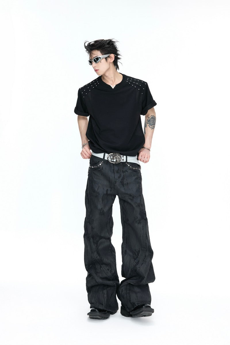 Pleated Studded V-Neck T-Shirt