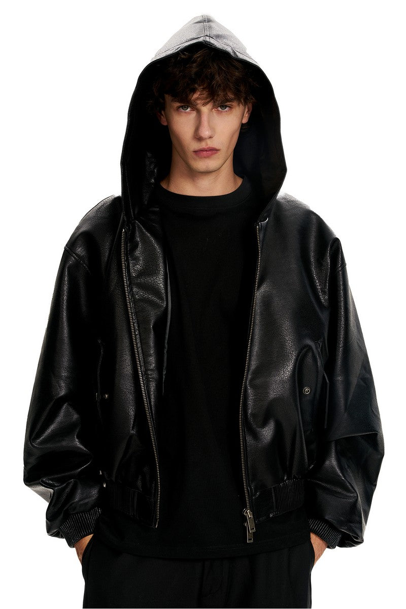 Black PU Hooded Jacket