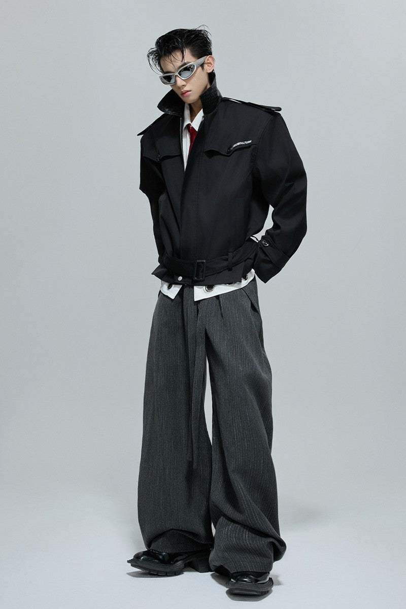 Woven Leather Cropped Trench Jacket