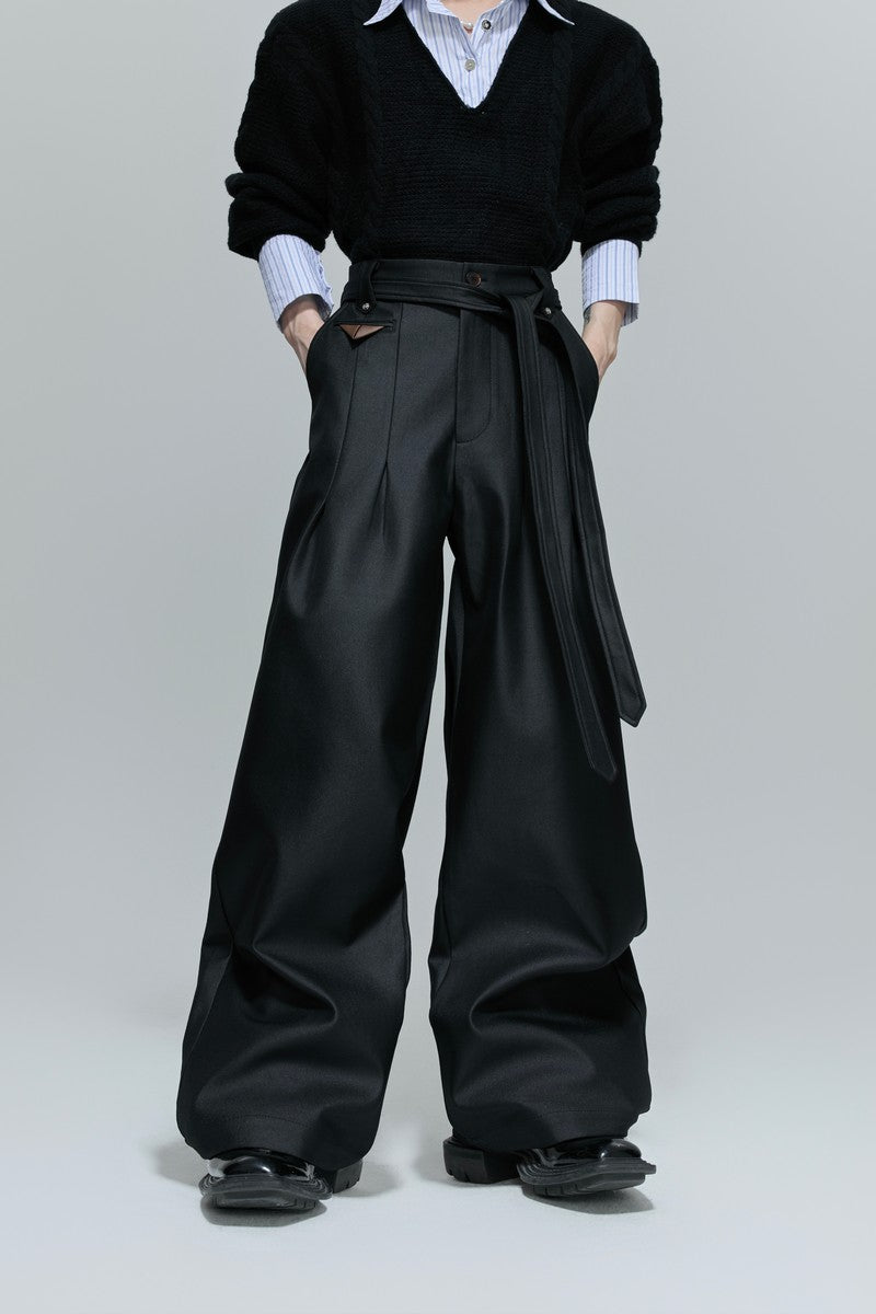 Glossy Pleated Straight Leg Trousers - EU Only