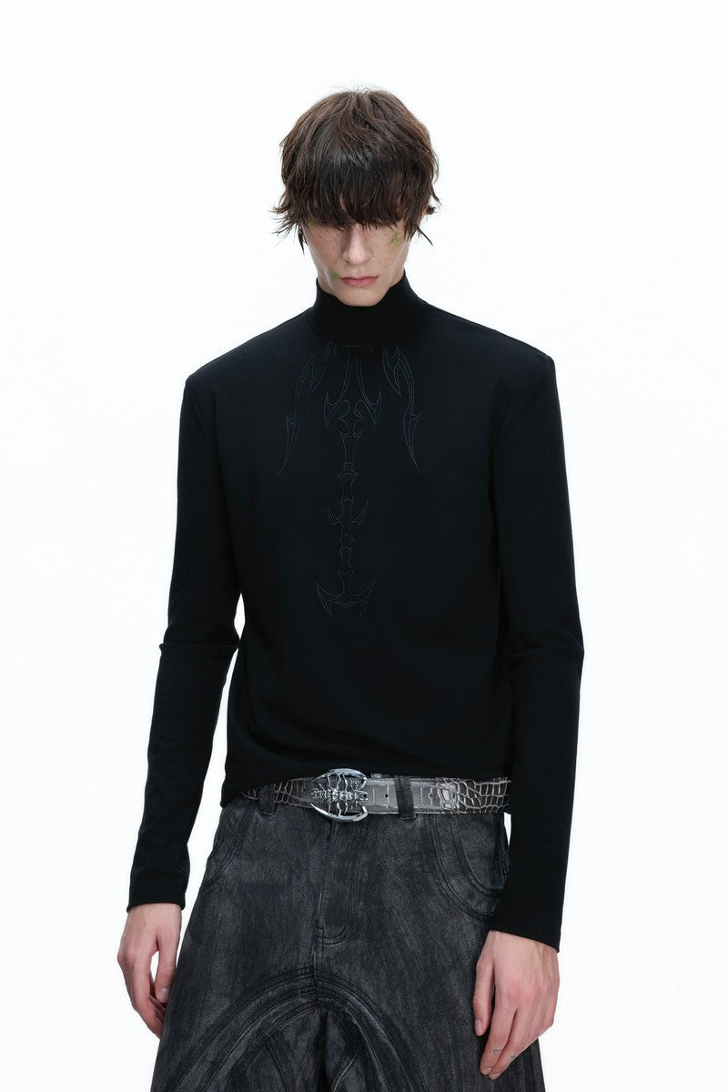 Embroidered Spine Mock Neck Tee