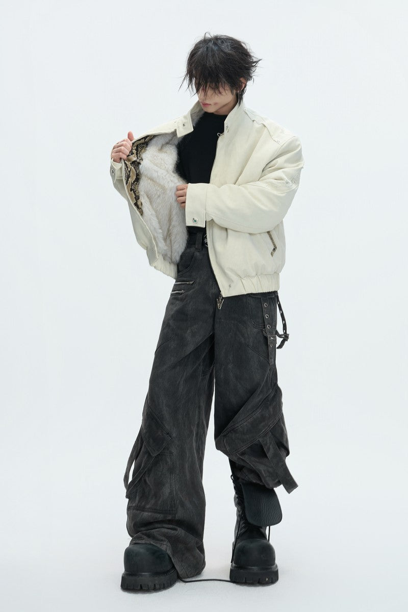 Embroidered Washed Leather Puffer