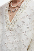 Rhinestone Diamond Knit V-Neck Sweater
