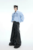 Deconstructed Studded Wide-Leg Leather Pants