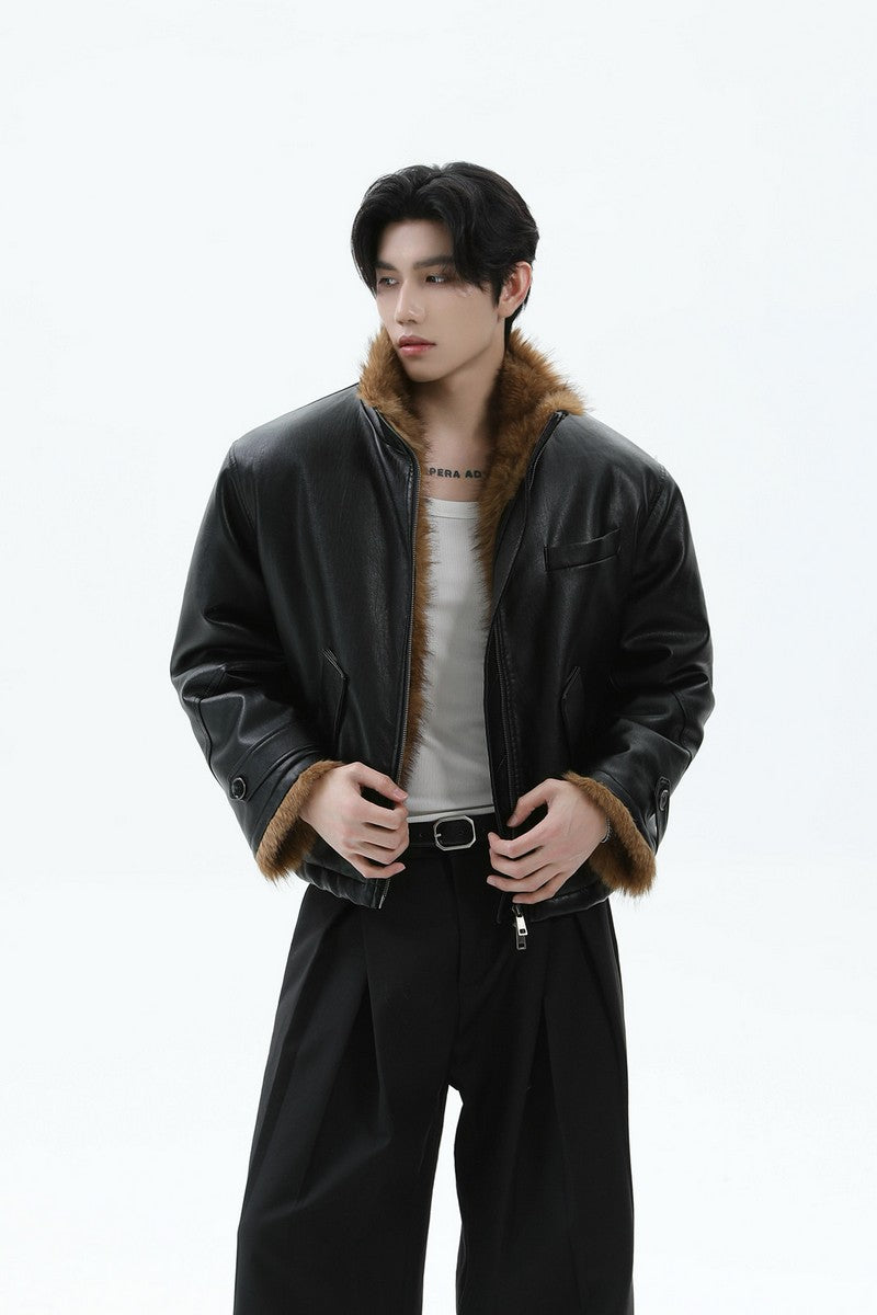 Faux Leather Fur Collar Puffer
