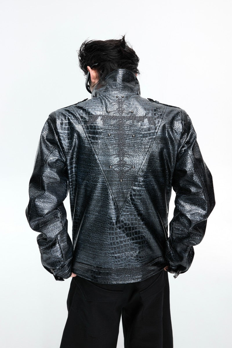Crocodile Embossed Leather Jacket