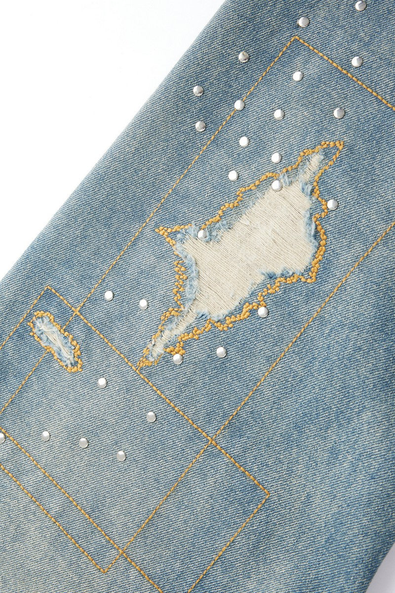 Distressed Patchwork Studded Jeans