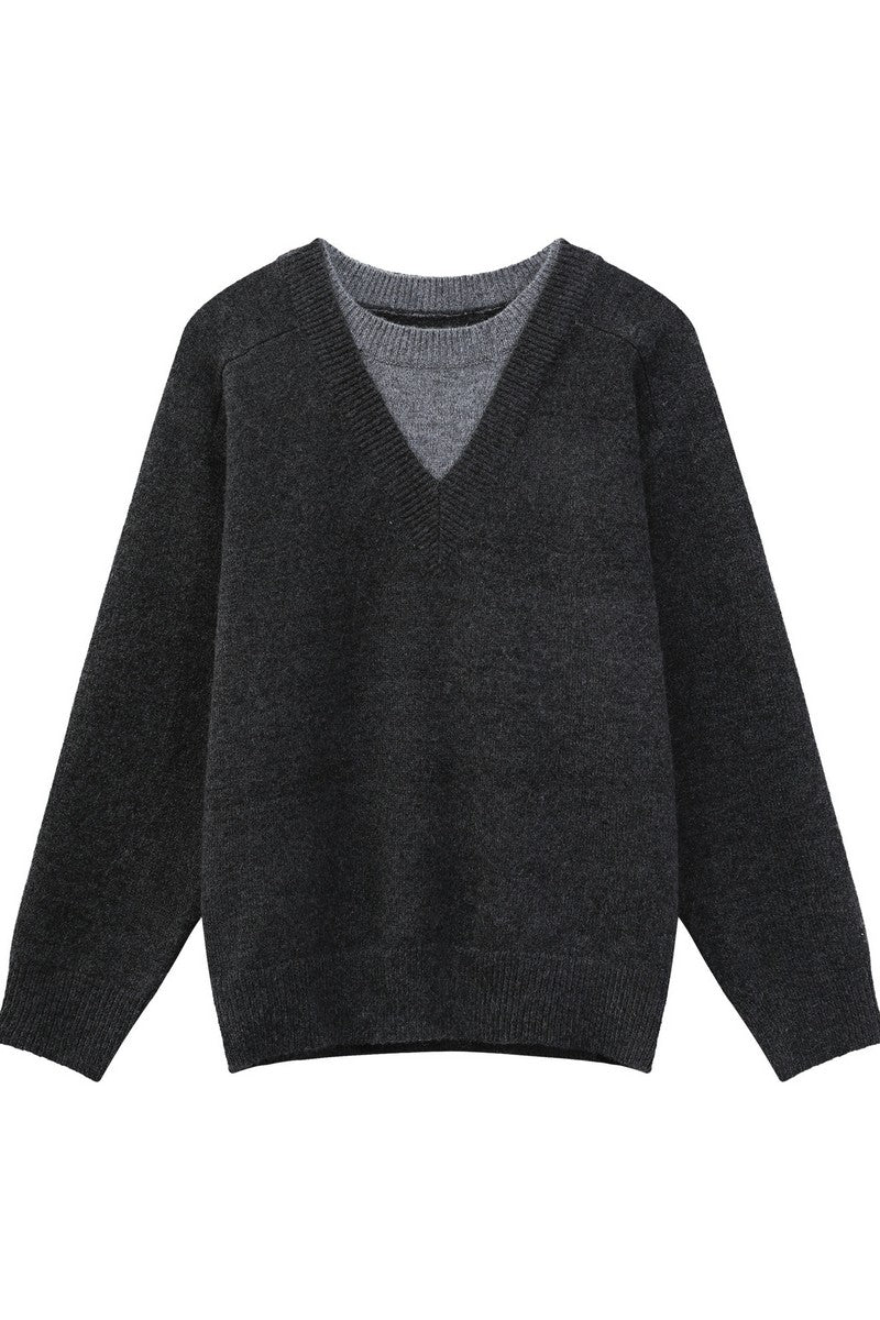 Layered Look V-Neck Wool Sweater