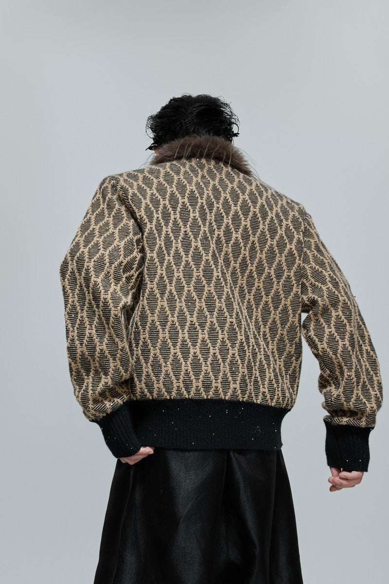 Sequin Knit Cardigan with Fur Collar - EU Only