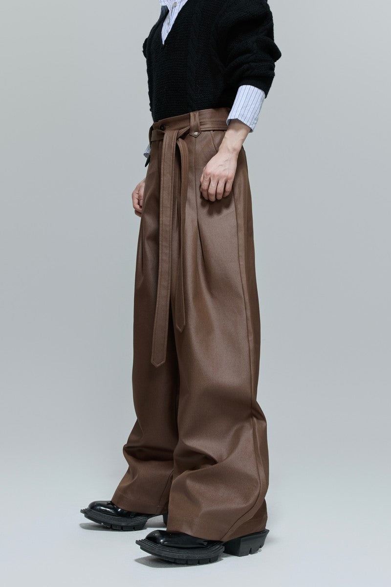 Glossy Pleated Straight Leg Trousers - EU Only