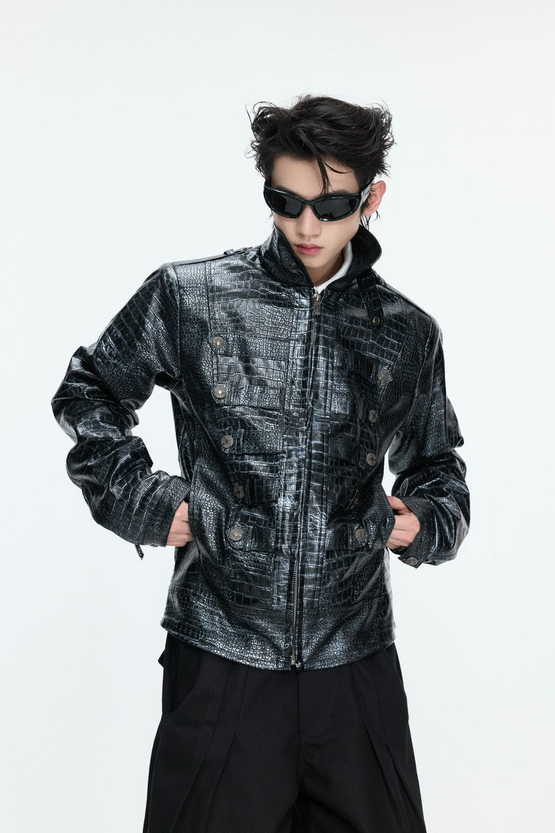 Crocodile Embossed Leather Jacket