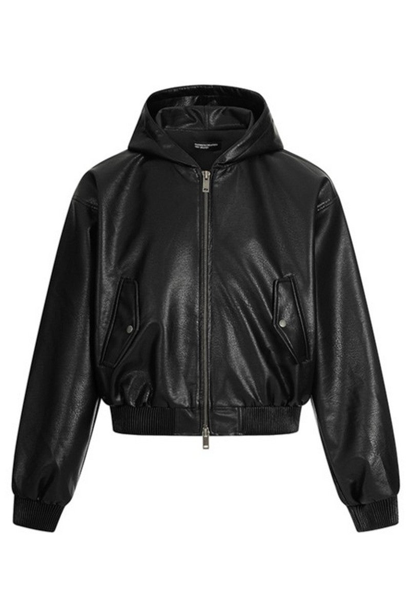 Black PU Hooded Jacket