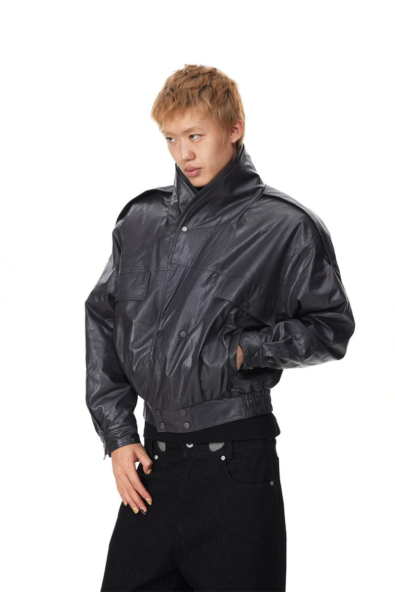 Layered Collar Faux Leather Jacket