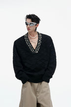 Rhinestone Diamond Knit V-Neck Sweater