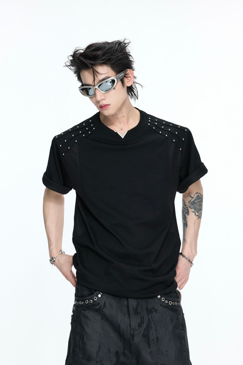Pleated Studded V-Neck T-Shirt