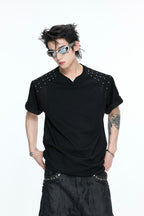 Pleated Studded V-Neck T-Shirt