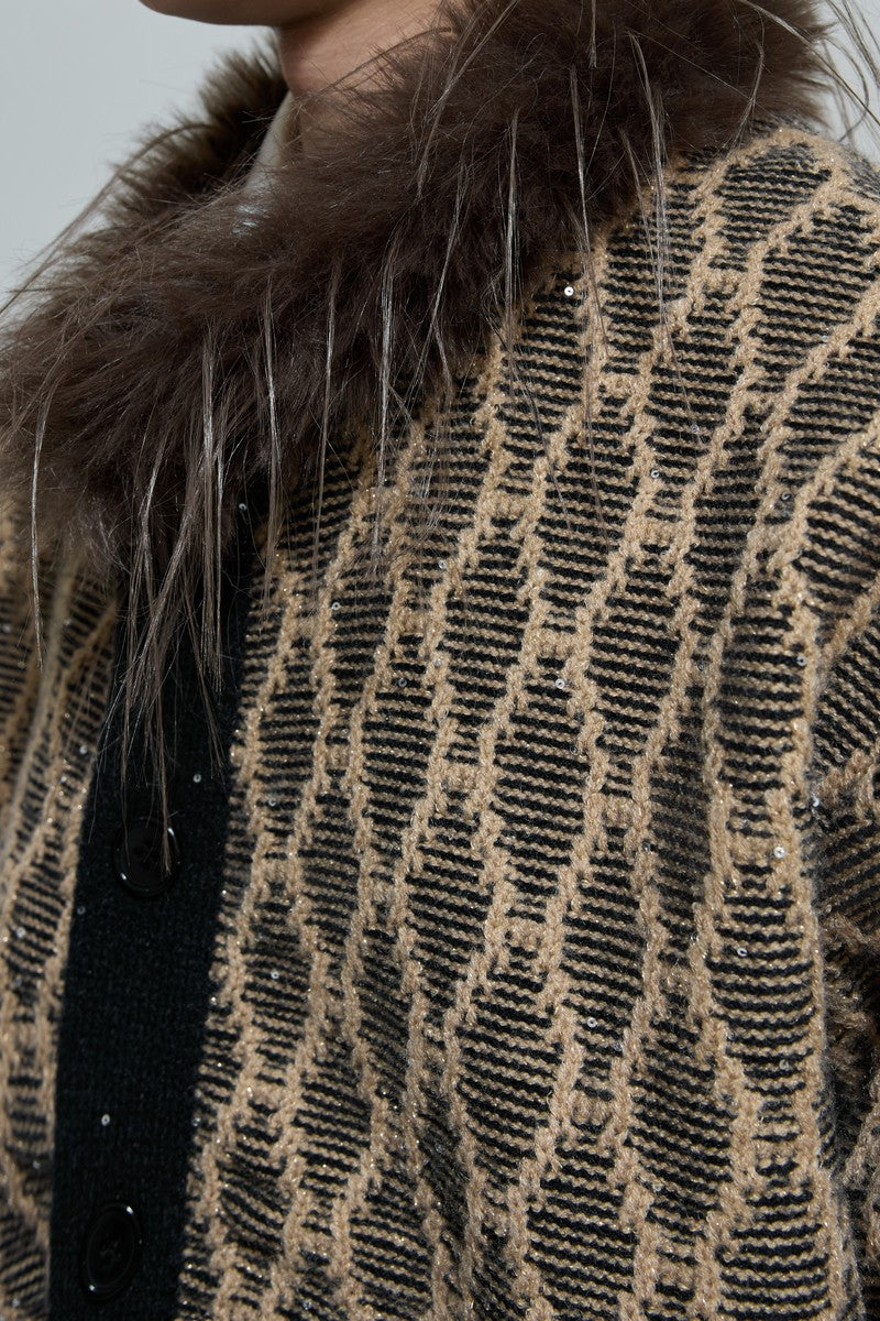 Sequin Knit Cardigan with Fur Collar - EU Only