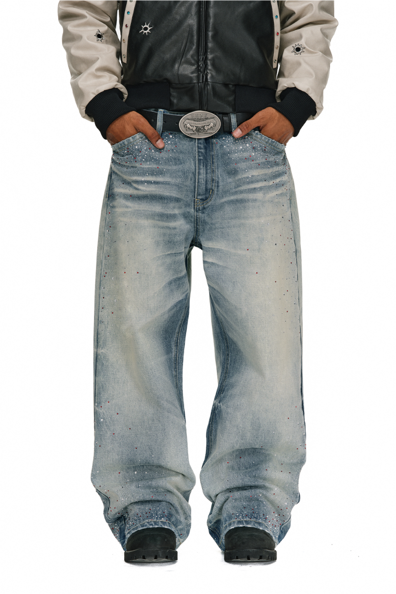 Washed Rhinestone Straight Jeans