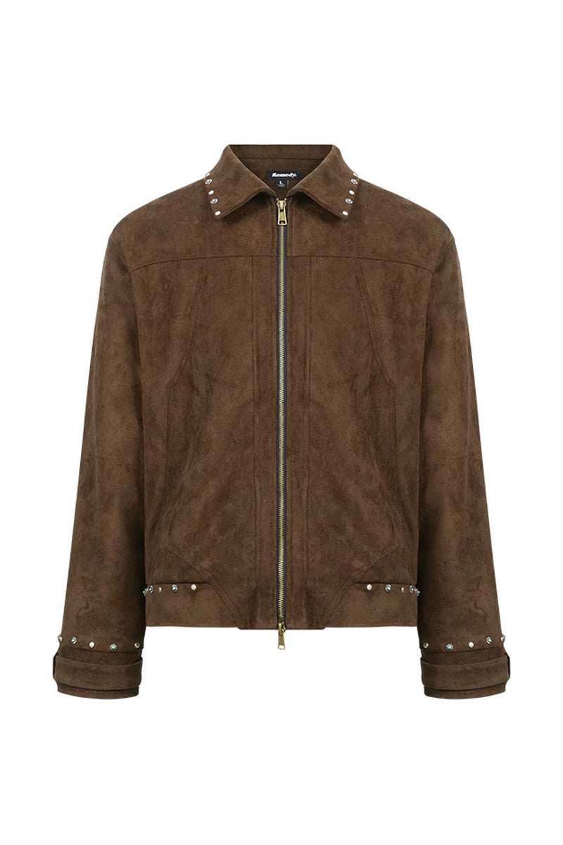 Studded Suede Crop Jacket — Dark Brown front
