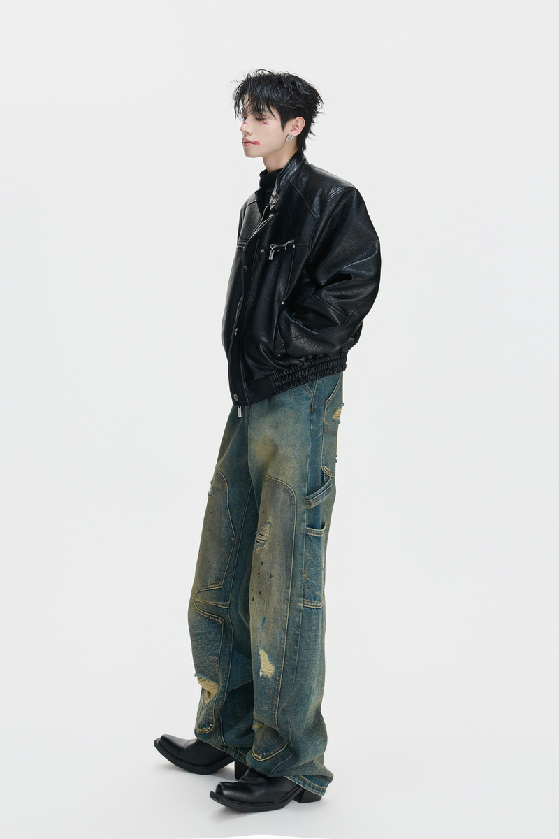Distressed Patched Carpenter Jeans