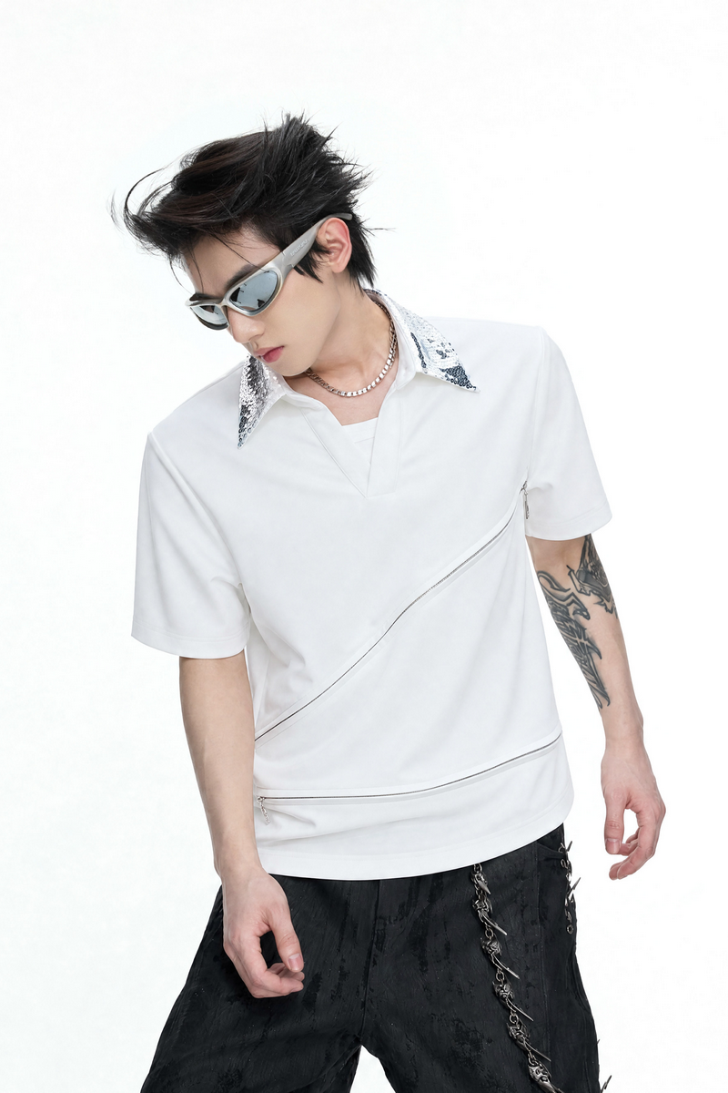 Sequin Zip Polo Shirt