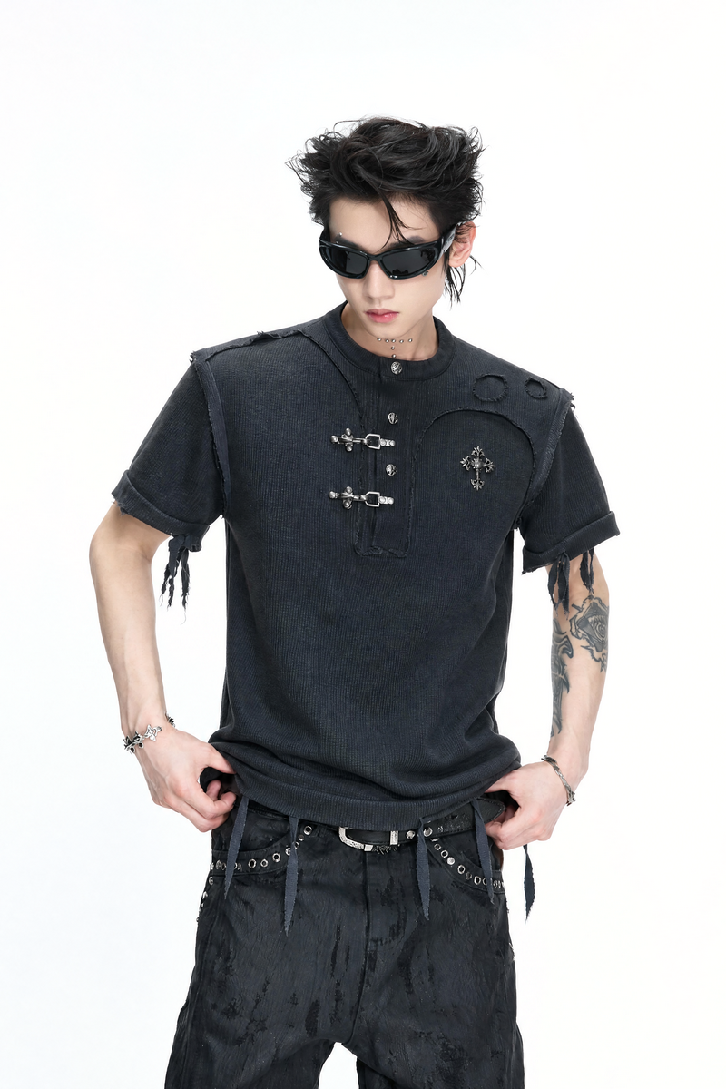 Distressed Ribbed Henley T-Shirt