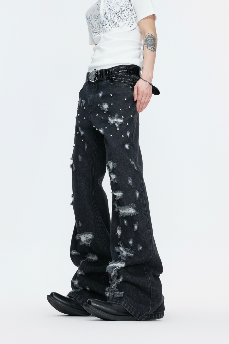 Distressed Studded Straight Jeans