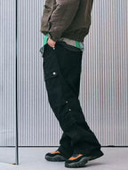 Contrast Stitch Pleated Pants — Black, front model view