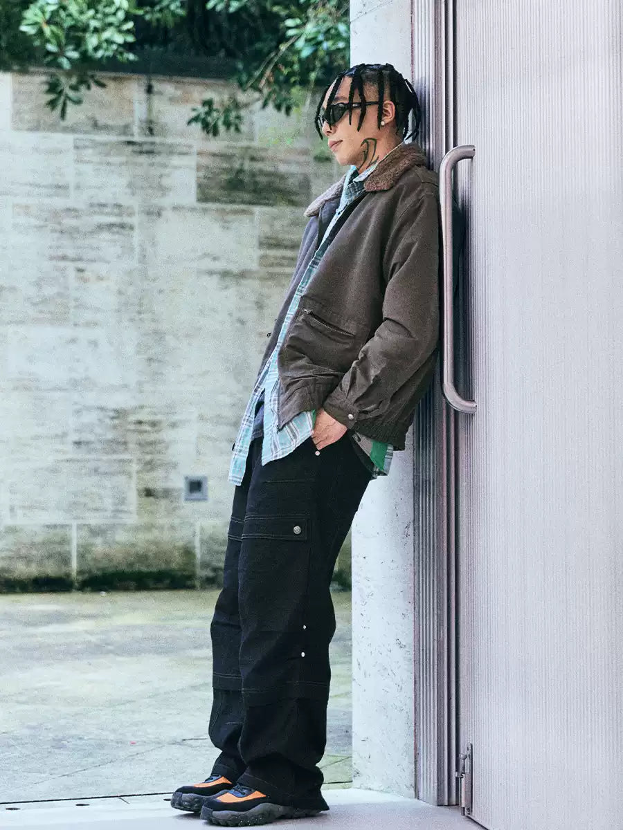Contrast Stitch Pleated Pants — Black, full-length model view