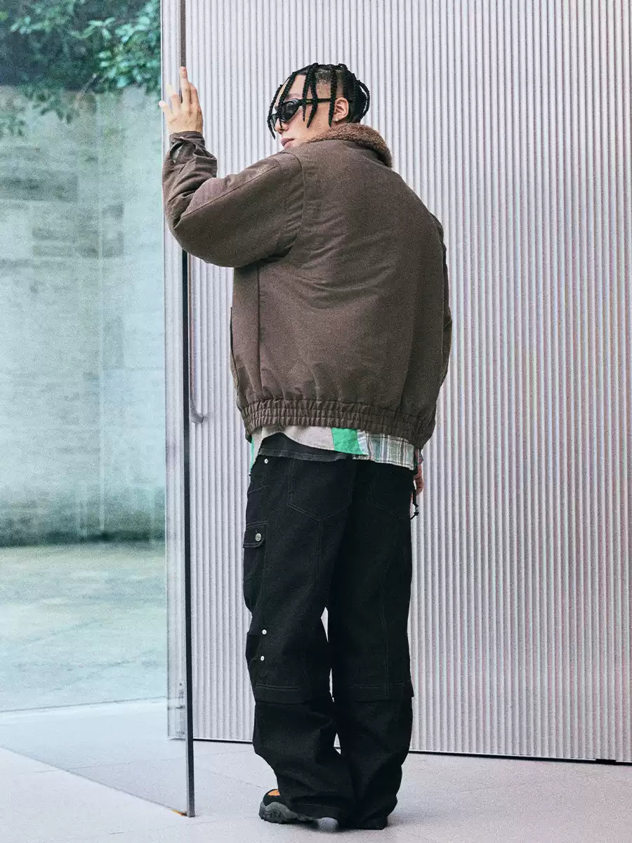 Contrast Stitch Pleated Pants — Black, rear model view