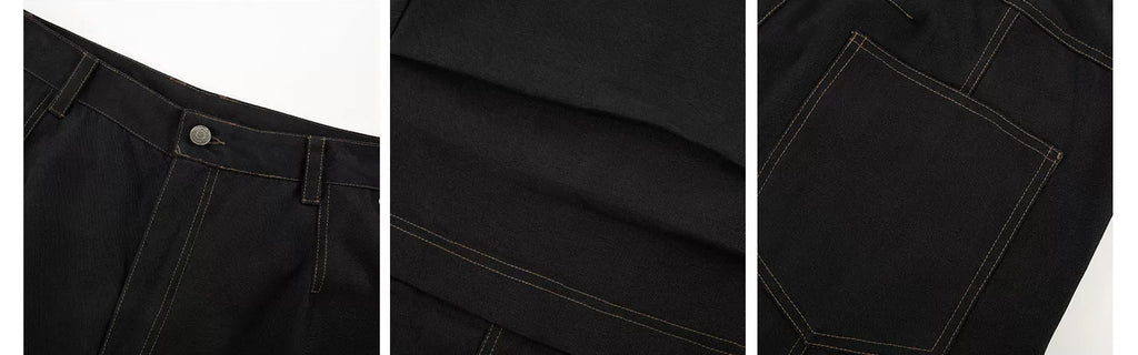 Contrast Stitch Pleated Pants — Black, construction details
