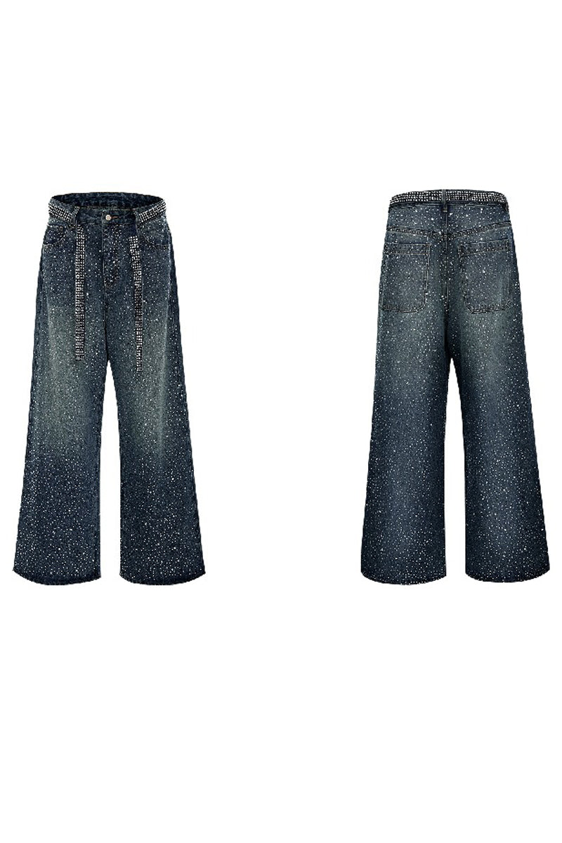 Starry Rhinestone Washed Wide-Leg Jeans - EU Only