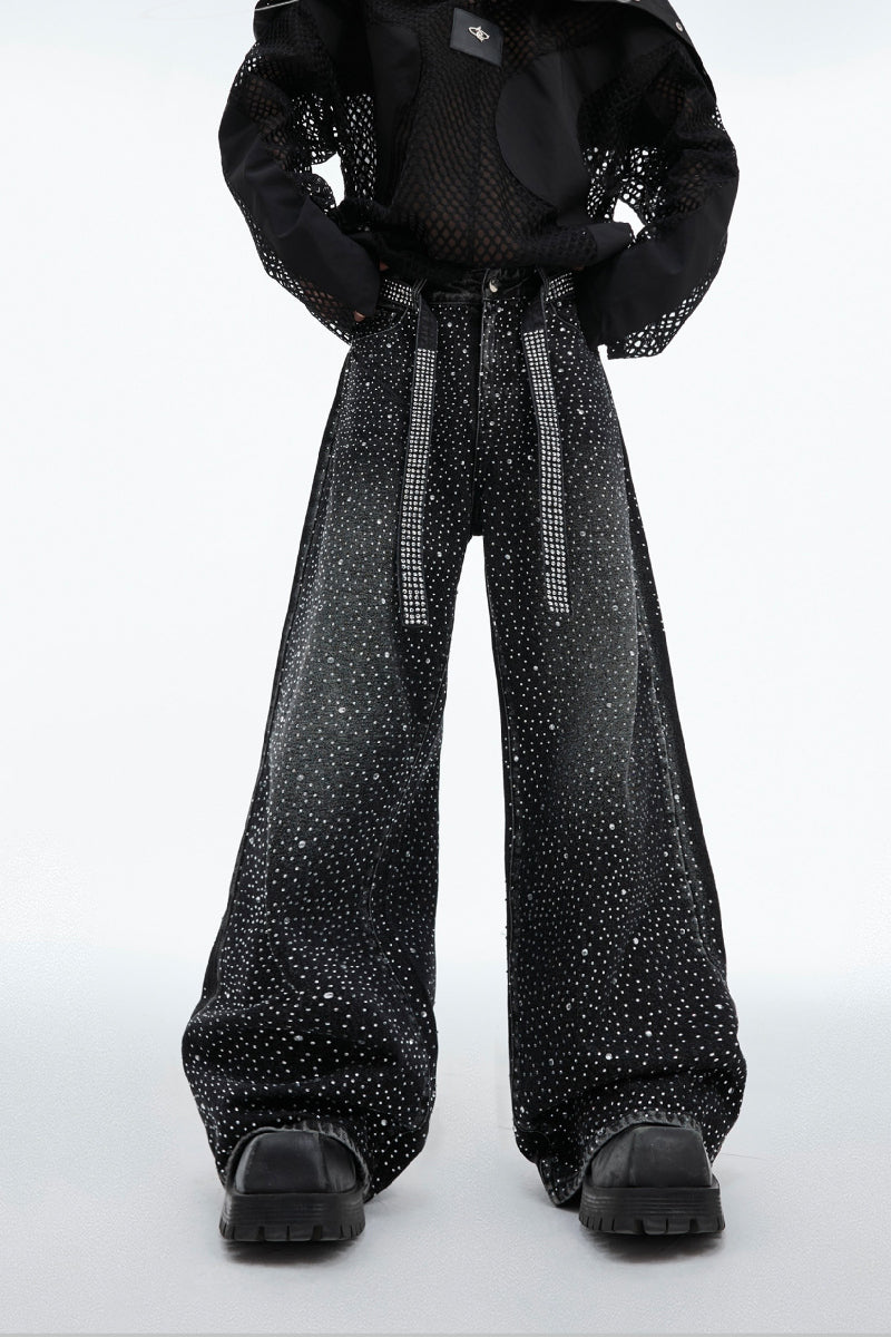 Starry Rhinestone Washed Wide-Leg Jeans - EU Only