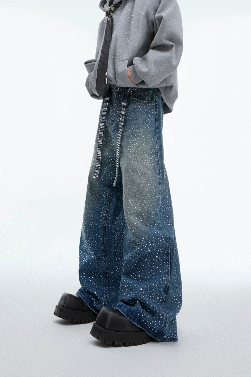 Starry Rhinestone Washed Wide-Leg Jeans - EU Only