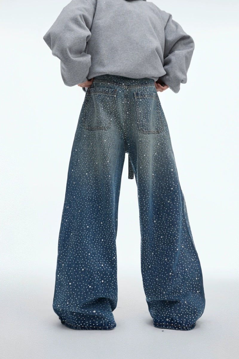 Starry Rhinestone Washed Wide-Leg Jeans - EU Only
