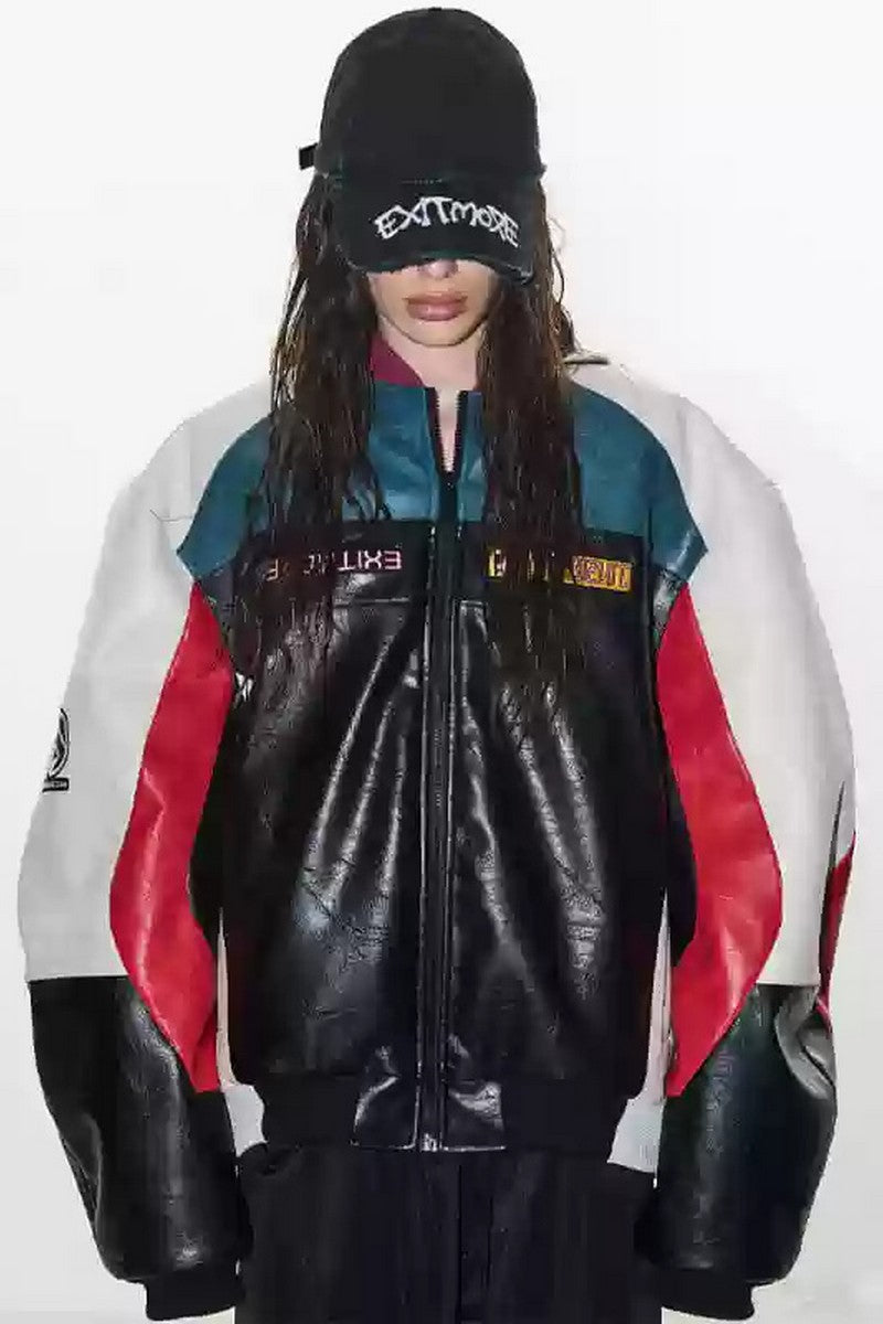 Colorblock Embroidered Biker Jacket - EU Only