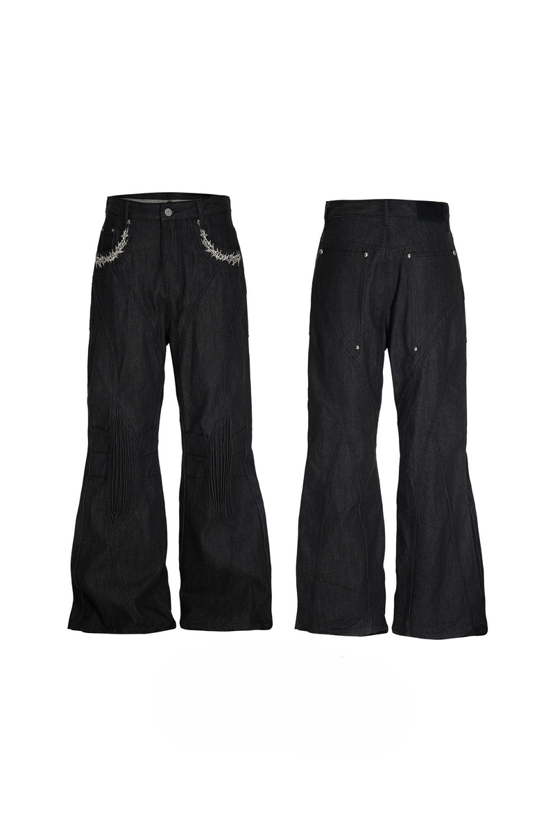 Pleated Embroidered Straight Jeans