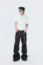 Pleated Embroidered Straight Jeans