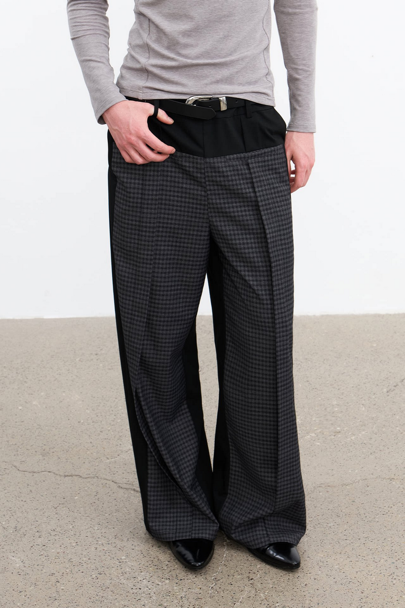 Colorblock Plaid Pleated Trousers